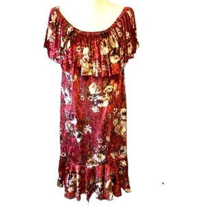 LuLaRoe Cici Mermaid Flounce Dress Large Floral Roses Velvet Red Tan Green NWT